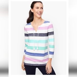Talbots brushed stripe split neck pullover, color is aqua pool multi